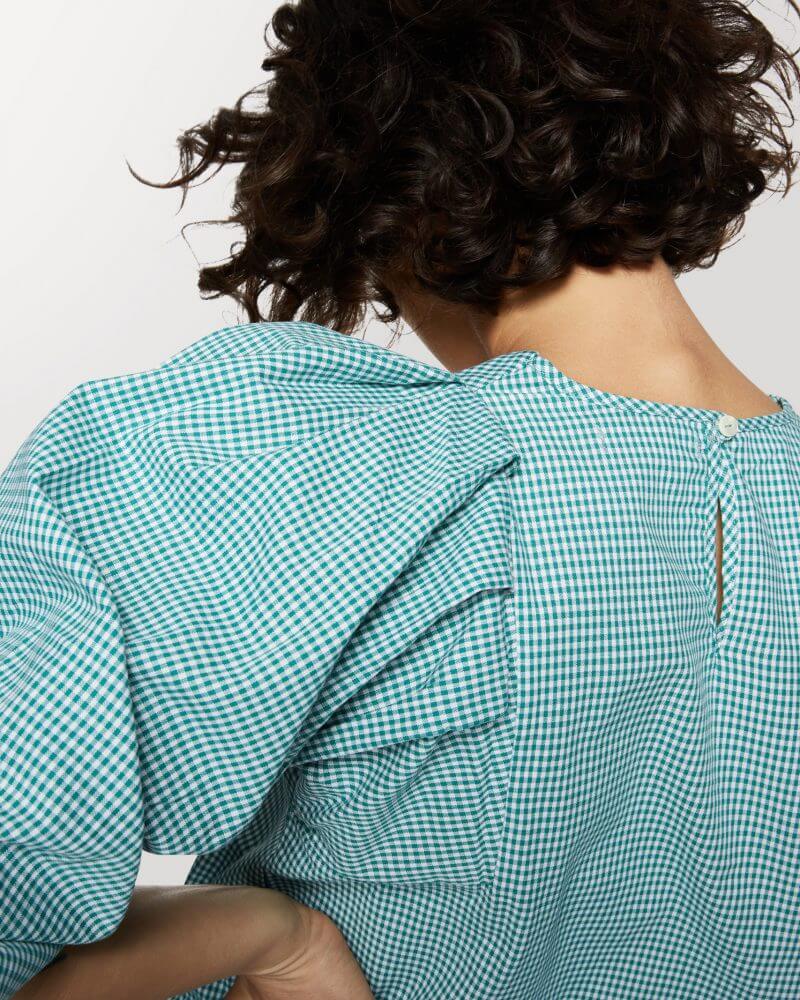 Green Check Cotton Top Puff Sleeves