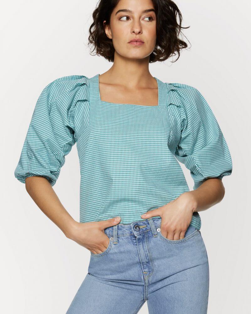 Green Check Cotton Top Puff Sleeves