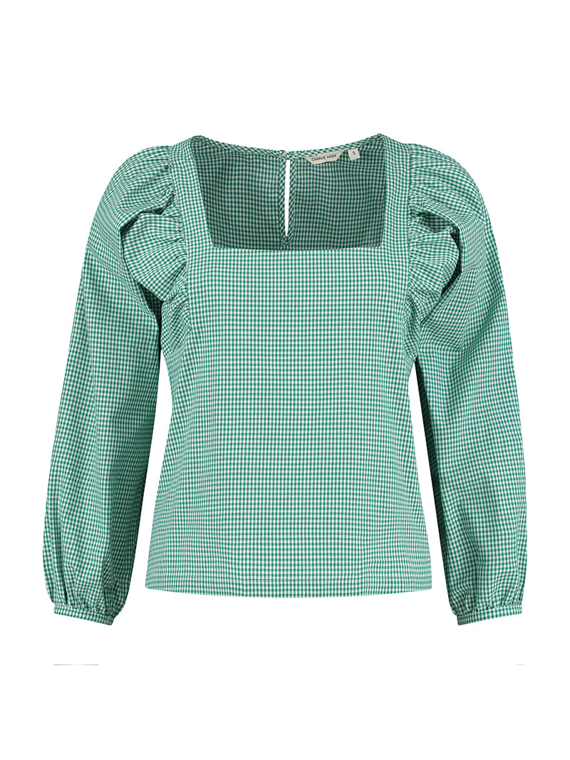 Green Check Cotton Top Puff Sleeves